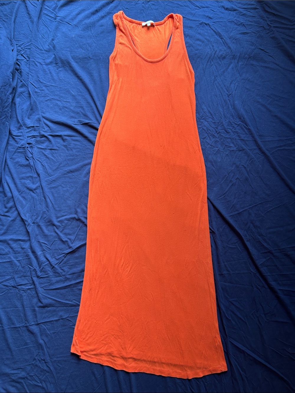 Joan Vass Bright Orange Sleeveless Maxi Dress, cross back tank top, flowy comfy